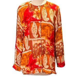 Blouse Floral Colorful Flowy Abstract Button Front Band Collar Long Sleeve Large